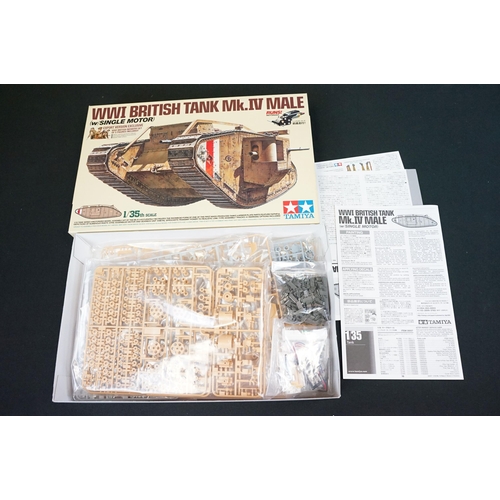 305 - Four boxed Tamiya plastic model kits to include 1/35 30057 WWI British Tank Mk IV Male w/single moto... 