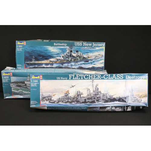 312 - Three boxed Revell plastic model kits to include 1/400 05087 USS Enterprise Aircraft Carrier, 1/144 ... 