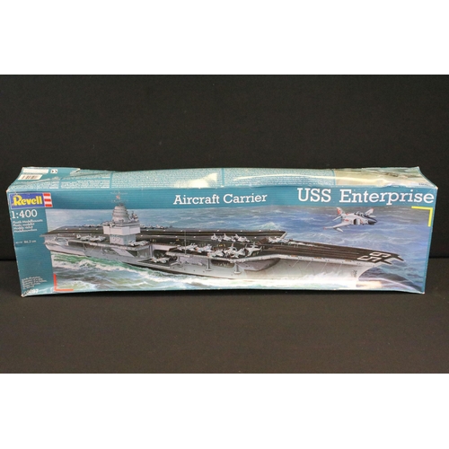 312 - Three boxed Revell plastic model kits to include 1/400 05087 USS Enterprise Aircraft Carrier, 1/144 ... 