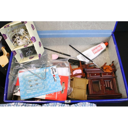 437 - Collection of various dolls house furniture to include dresser, chairs, sofa, table and cutlery, cer... 