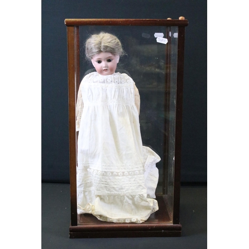 447 - Early 20th C German bisque headed doll possibly Cuno & Otto with grey hair in a french braid, brown ... 