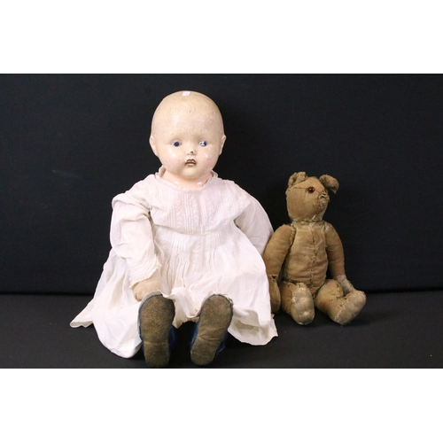 455 - Early 1920s Effanbee Doll with soft body, original dress and blue shoes, heavy wear and cracking to ... 