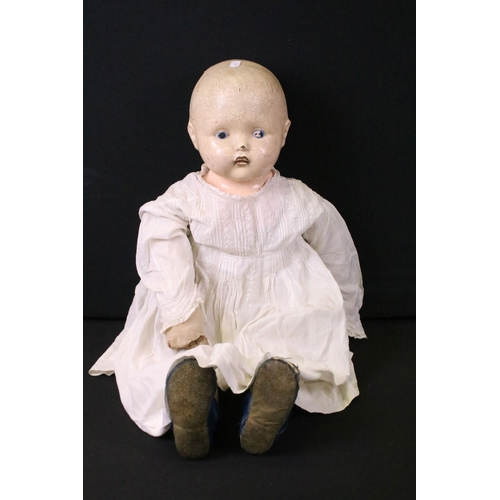 455 - Early 1920s Effanbee Doll with soft body, original dress and blue shoes, heavy wear and cracking to ... 