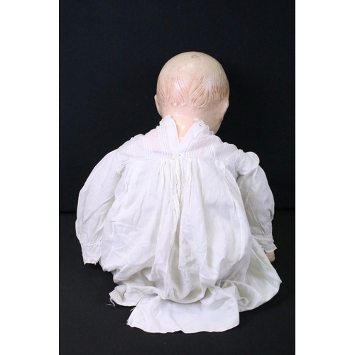 455 - Early 1920s Effanbee Doll with soft body, original dress and blue shoes, heavy wear and cracking to ... 