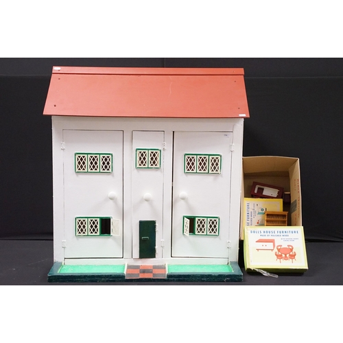 460 - Large scratch built dolls house with white exterior and red roof with three large doors to reveal in... 