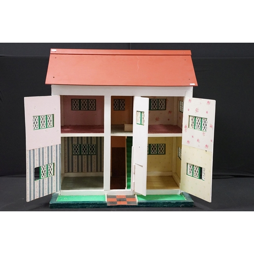 460 - Large scratch built dolls house with white exterior and red roof with three large doors to reveal in... 