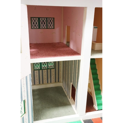 460 - Large scratch built dolls house with white exterior and red roof with three large doors to reveal in... 