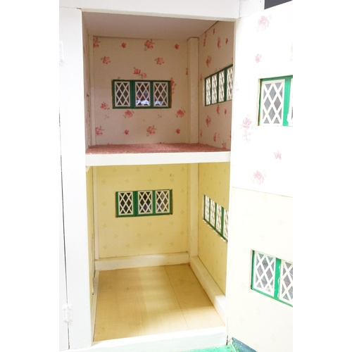 460 - Large scratch built dolls house with white exterior and red roof with three large doors to reveal in... 