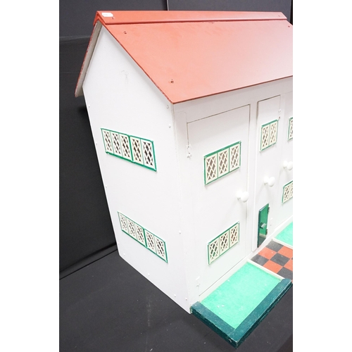 460 - Large scratch built dolls house with white exterior and red roof with three large doors to reveal in... 