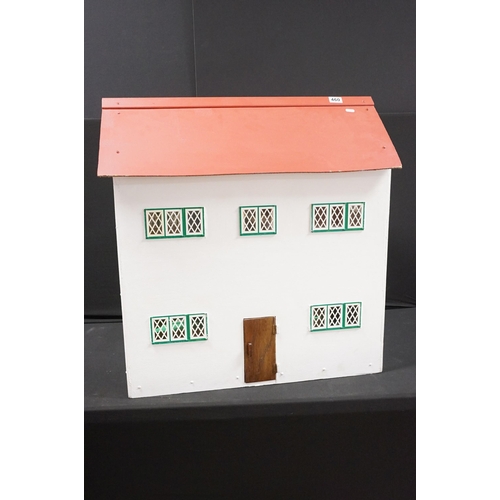 460 - Large scratch built dolls house with white exterior and red roof with three large doors to reveal in... 