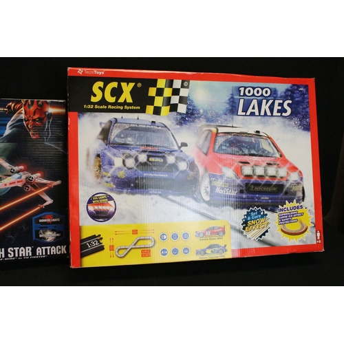 395 - Eight boxed Scalextric and SCX slot car sets to include Demolition Derby Metal Alien Vs White Skull,... 