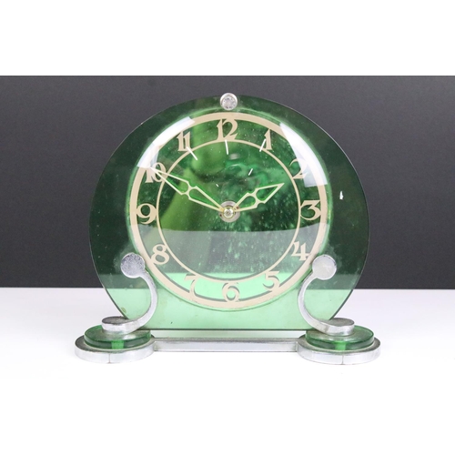 132 - Art Deco mantle clock, with green glass and chrome stand, 19.5cm x 23cm together with Metamec, Dereh... 