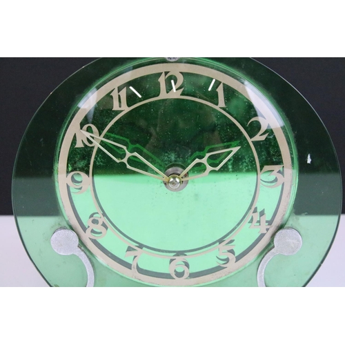 132 - Art Deco mantle clock, with green glass and chrome stand, 19.5cm x 23cm together with Metamec, Dereh... 