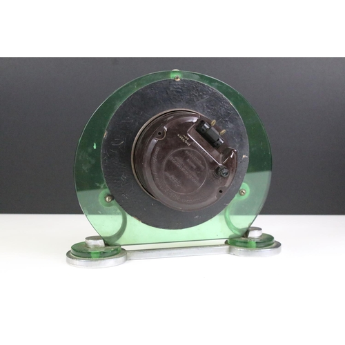 132 - Art Deco mantle clock, with green glass and chrome stand, 19.5cm x 23cm together with Metamec, Dereh... 