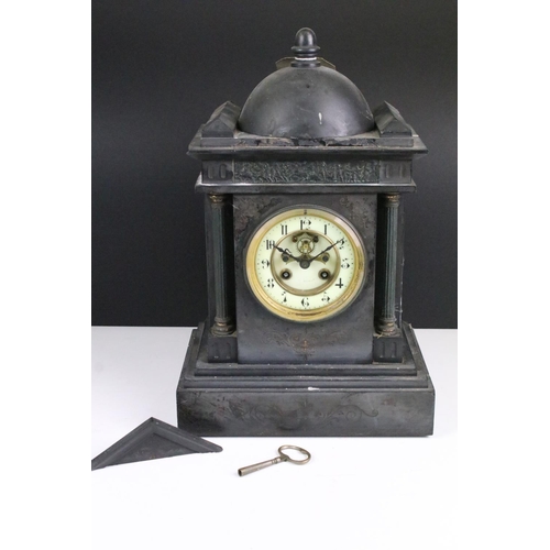 134A - 19th Century Victorian slate mantle clock of classical form with round face and roman numerals to th... 