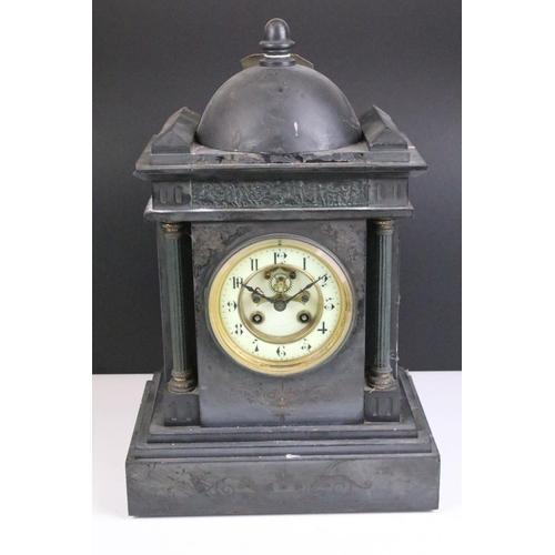 134A - 19th Century Victorian slate mantle clock of classical form with round face and roman numerals to th... 