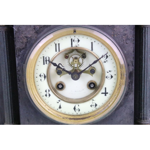 134A - 19th Century Victorian slate mantle clock of classical form with round face and roman numerals to th... 