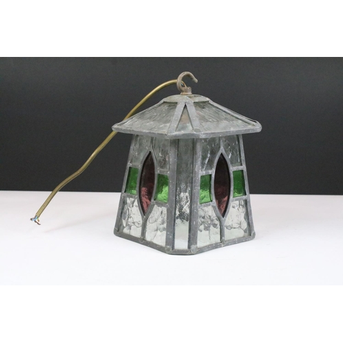 139 - Arts and crafts style leaded glass hanging lantern with clear and coloured glass panels, 22cm high