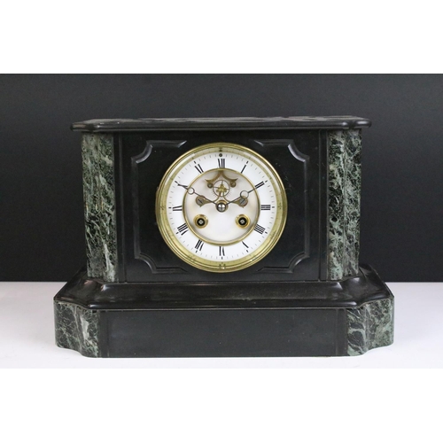 151 - Victorian slate & marble mantel clock, the open skeleton dial with Roman numerals, measures approx 2... 