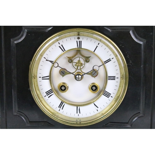 151 - Victorian slate & marble mantel clock, the open skeleton dial with Roman numerals, measures approx 2... 