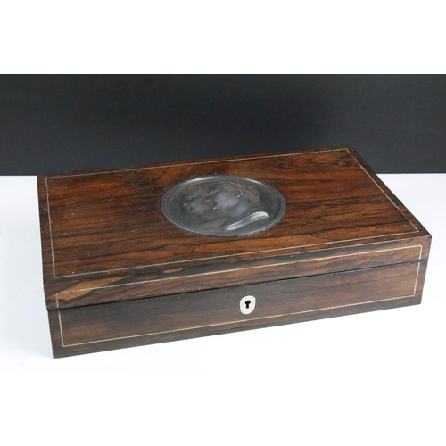 161 - 19th Century rosewood medal box set with a Napoleonic medal plaque to lid signed Andrieu Fegit to bu... 