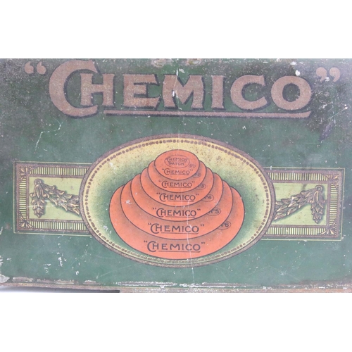 170 - 1930s Chemico tin advertising sign with green ground and lettering to top. measures 38 x 24cm.