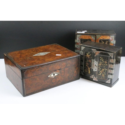 173 - 19th Century burr walnut table top work box with mother of pearl inlay, approx 30cm wide; together w... 