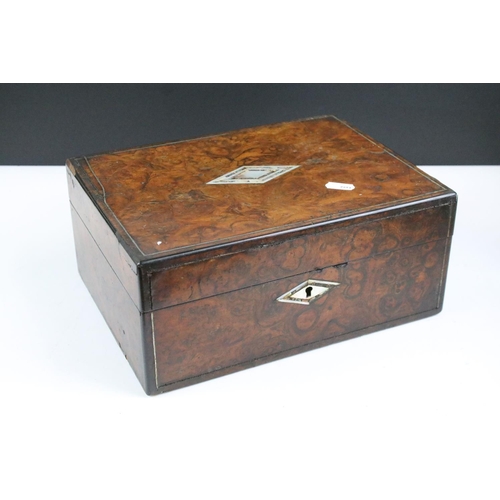 173 - 19th Century burr walnut table top work box with mother of pearl inlay, approx 30cm wide; together w... 