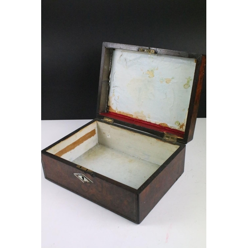 173 - 19th Century burr walnut table top work box with mother of pearl inlay, approx 30cm wide; together w... 