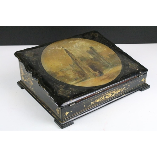 175 - Victorian papier mache writing slope by Spiers & Sons of Oxford, the top with a large painted imaged... 