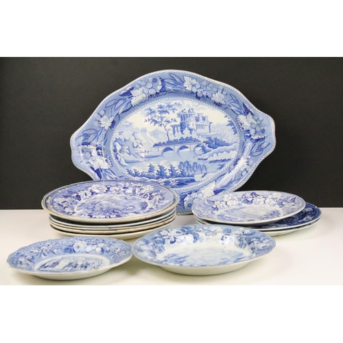 110 - Collection of twelve 19th century blue & white plates & dishes, one depicting Pashkov Palace, the lo... 