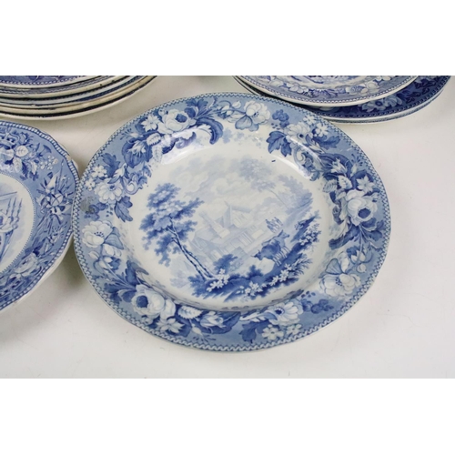 110 - Collection of twelve 19th century blue & white plates & dishes, one depicting Pashkov Palace, the lo... 
