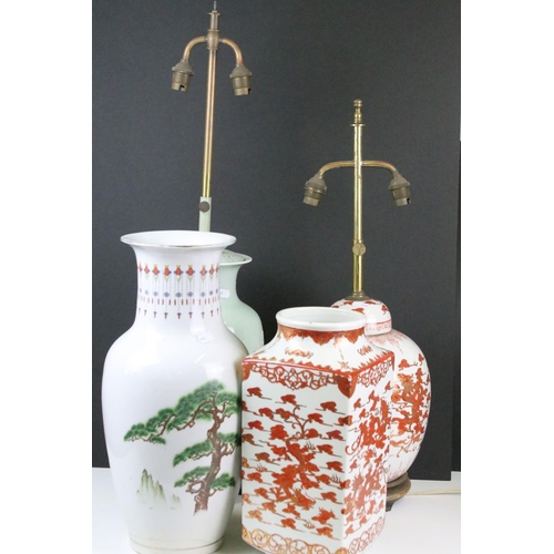 78 - Chinese ceramics to include green ground prunus pattern table lamp, red and gilt Chinese lamp base d... 
