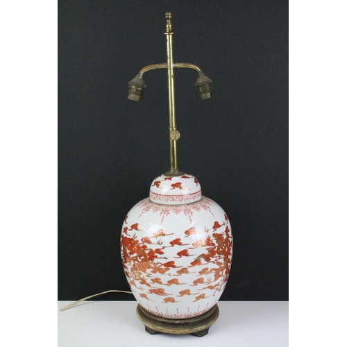 78 - Chinese ceramics to include green ground prunus pattern table lamp, red and gilt Chinese lamp base d... 