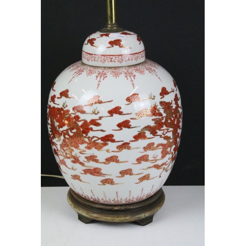 78 - Chinese ceramics to include green ground prunus pattern table lamp, red and gilt Chinese lamp base d... 