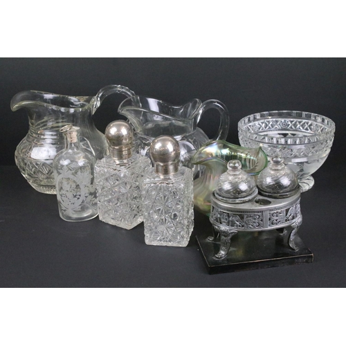 80 - Collection of glass to include a Kralik Art Nouveau green iridescent glass vase, two silver topped c... 