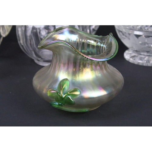 80 - Collection of glass to include a Kralik Art Nouveau green iridescent glass vase, two silver topped c... 
