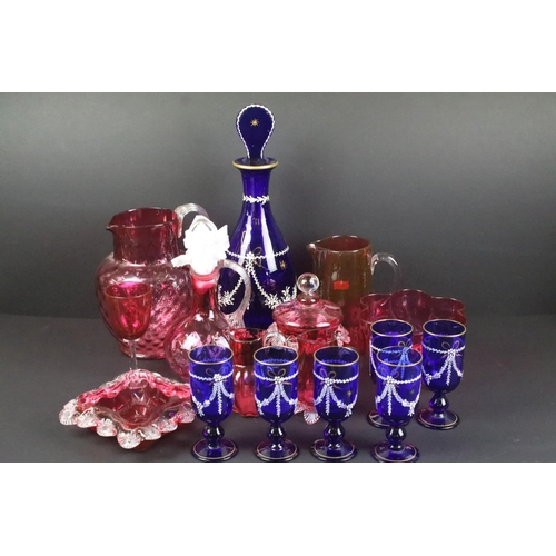 83 - Collection of 19th Century and later coloured glass to include blue glass decanter and matching enam... 