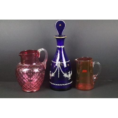 83 - Collection of 19th Century and later coloured glass to include blue glass decanter and matching enam... 