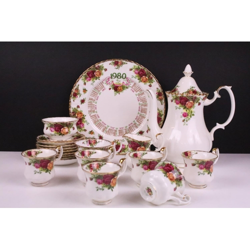 86 - Royal Albert Old Country Roses pattern coffee set to include coffee pot, five coffee cups, one tea c... 