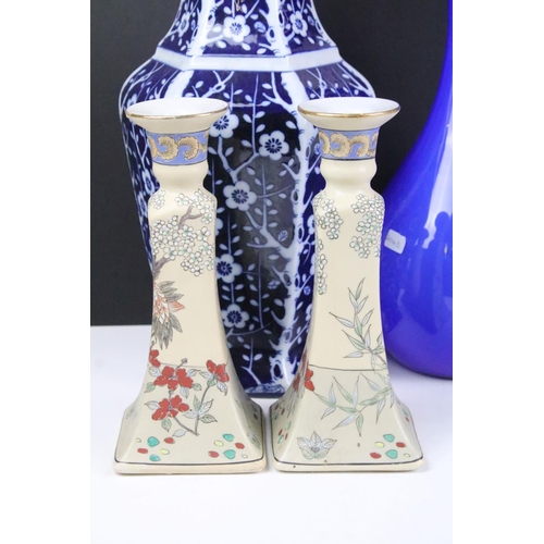 93 - Collection of ceramics to include Chinese blue and white prunus pattern vase blue studio art glass j... 