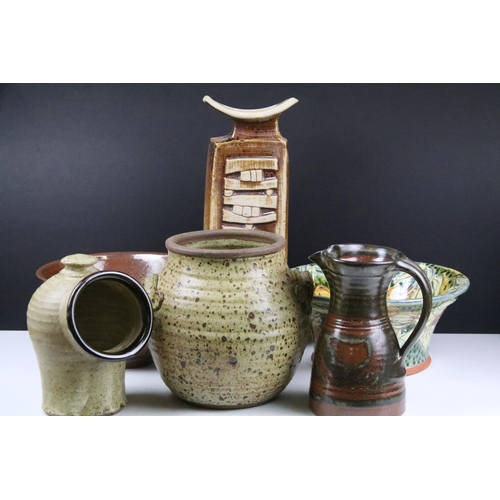94 - Collection of studio art pottery stoneware ceramics to include a twin handled pot, rectangular vase,... 