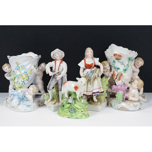 10 - Group of classical porcelain figures to include a Victorian Staffordshire pottery sheep (approx 8cm ... 