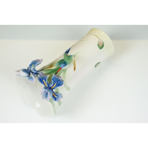 12 - Franz porcelain vase moulded in relief with blue orchids and a Hummingbird, numbered FZ01203, approx... 