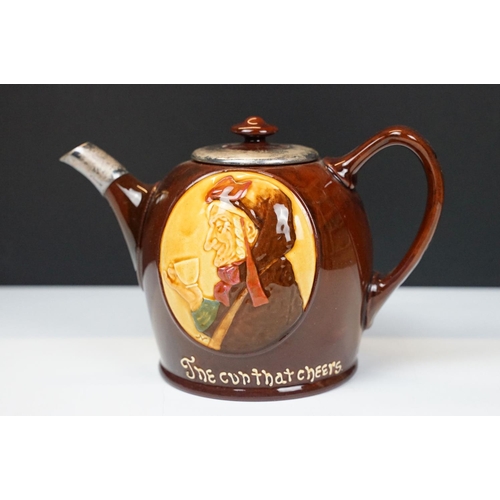14 - Early 20th century Royal Doulton Kingsware teapot, 'The Cup That Cheers', hallmarked silver mounted ... 