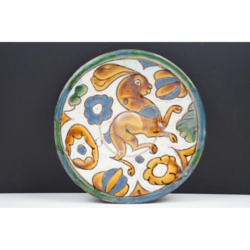18 - Spanish Majolica Puente del Arzobispo dish, 16th century?, polychrome decorated with a hare amongst ... 