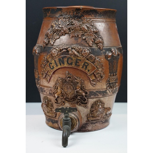 24 - 19th century 'Ginger' 1 Gallon salt glazed ceramic beer dispensing barrel with relief crest & lion d... 