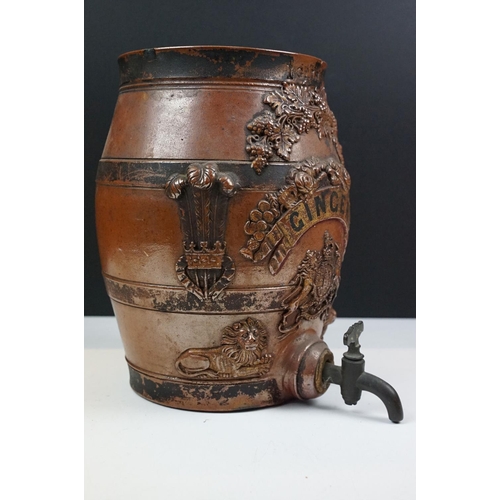 24 - 19th century 'Ginger' 1 Gallon salt glazed ceramic beer dispensing barrel with relief crest & lion d... 