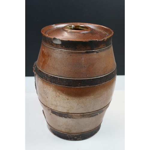 24 - 19th century 'Ginger' 1 Gallon salt glazed ceramic beer dispensing barrel with relief crest & lion d... 