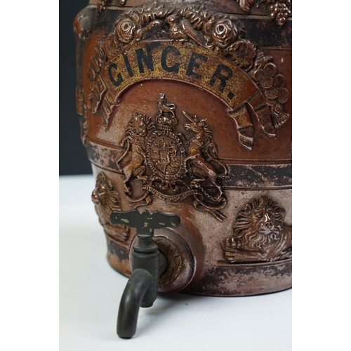 24 - 19th century 'Ginger' 1 Gallon salt glazed ceramic beer dispensing barrel with relief crest & lion d... 